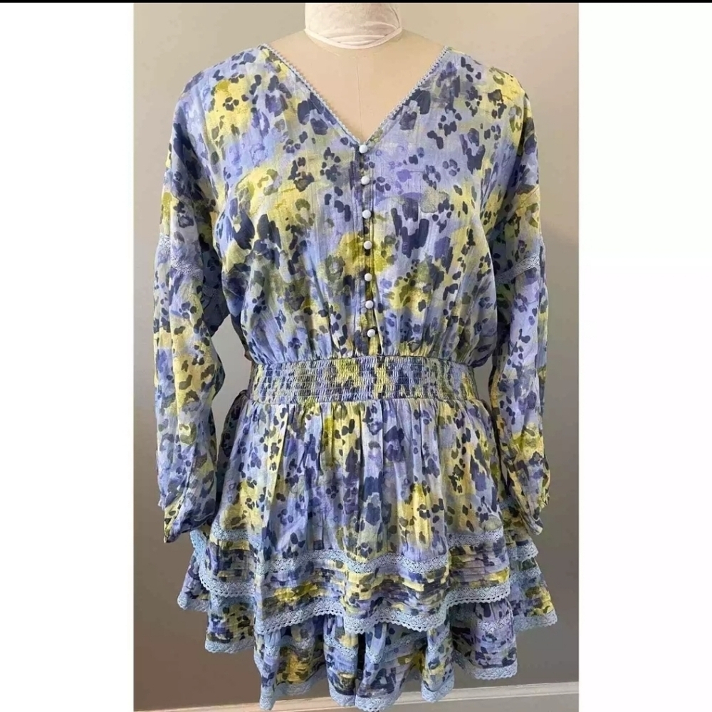 Aerie Blue Yellow Animal Print Daisies Rock 'n' Ruffle Mini Dress XLARGE